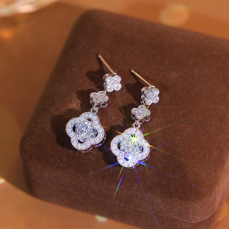 [Jiudolan] Khuyên Tai Dáng Dài Mặt Cỏ Bốn Lá Đính Đá Zircon Sáng Bóng Tinh Tế Cho Nữ