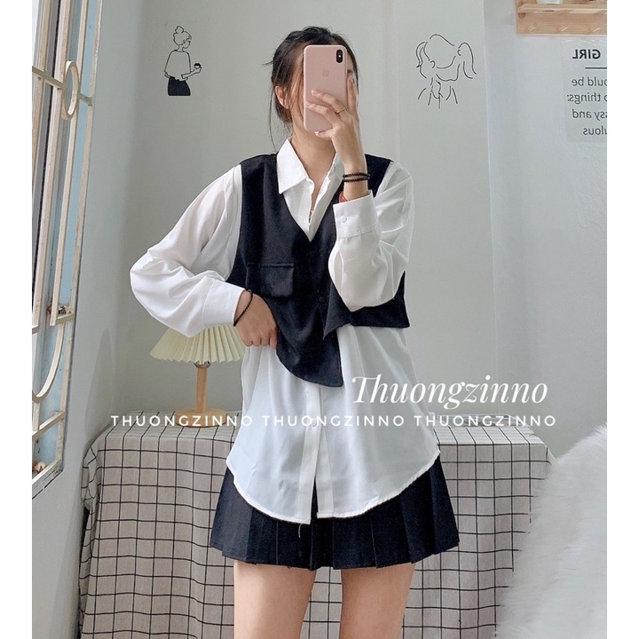 Set đồ Jenie gồm áo sơ mi kèm gile Set gile sang chảnh phong cách Hàn Quốc