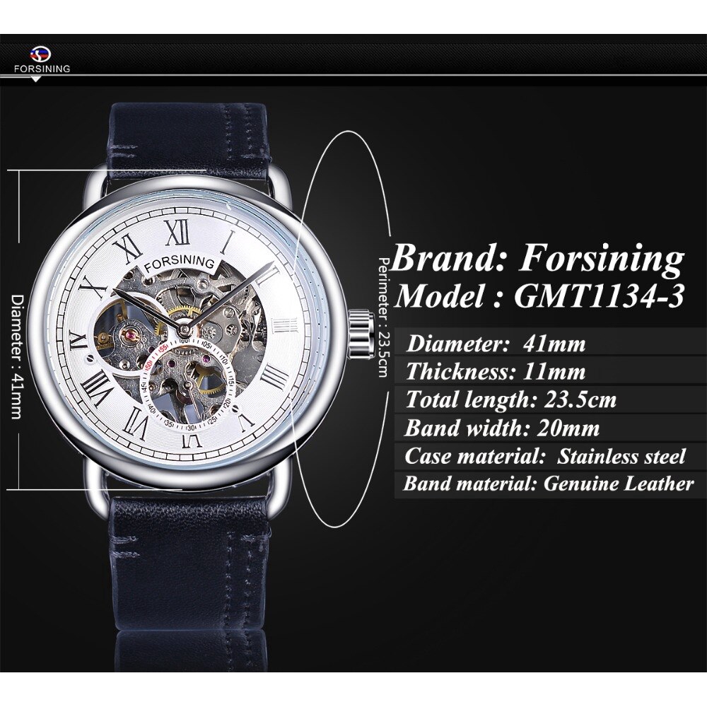 Forsining White Silver Openwork Watch Thời trang Đồng hồ cơ nam Thương hiệu hàng đầu sang trọng không thấm nước