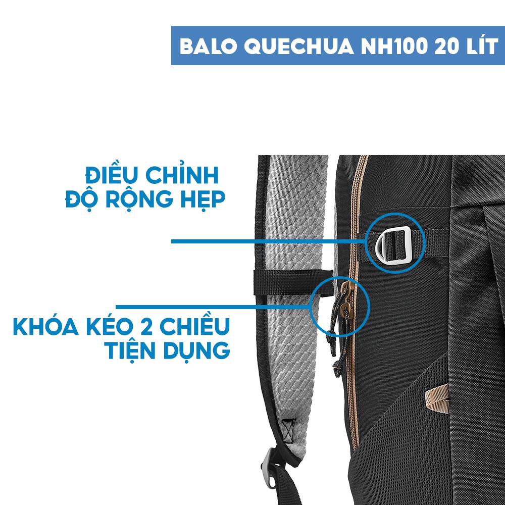 Balo Thể Thao Leo Núi, Dã Ngoại QUECHUA NH100 20 Lít Tiện Dụng - Đen