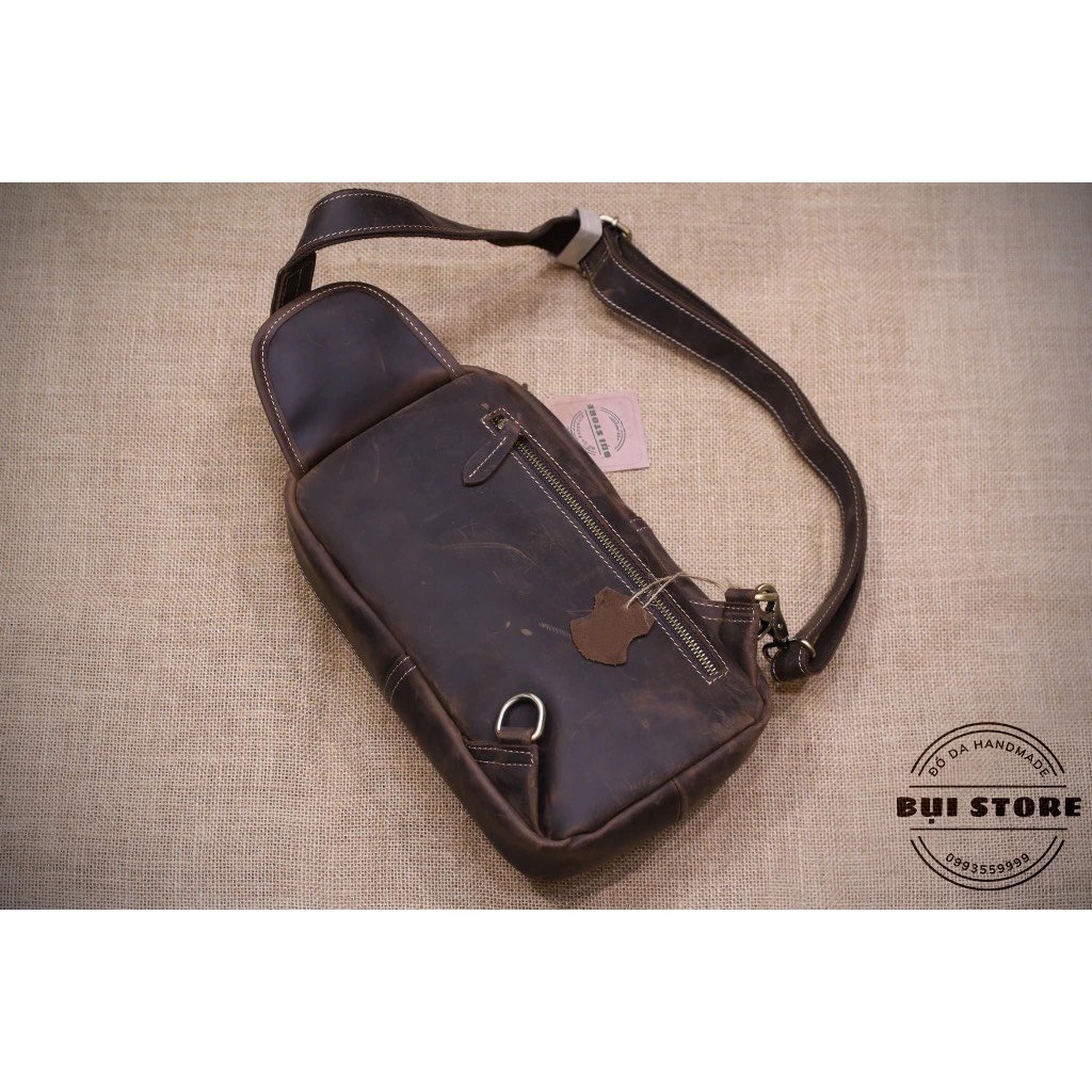 Túi đeo chéo trước ngực , Túi nam da thật 100% da bò sáp Handmade khâu tay thủ công BH 3 năm