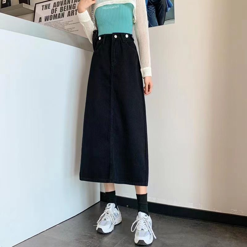Chân váy denim chữ a lưng cao dài trung bình xẻ tà thời trang cho nữ | BigBuy360 - bigbuy360.vn