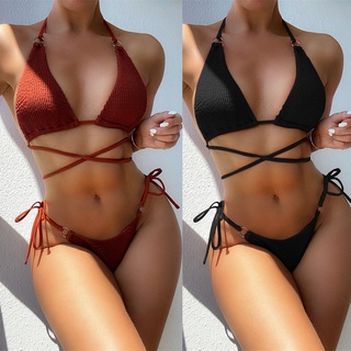 Bộ Đồ Bơi Bikini Hai Mảnh Màu Đỏ / Đen Có Dây Đeo Cổ Cho Nữ