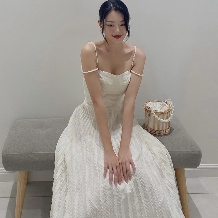 Đầm trắng tiểu thư đầm dự tiệc hai dây cao cấp Trio