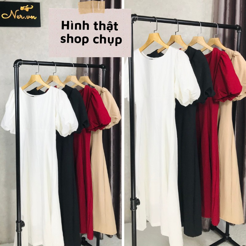 Đầm cổ tròn, tay phồng, thân phối gân sành điệu cao cấp.Dáng dài, Chất LINEN mát thấm hút mồ hôi, NER-N92