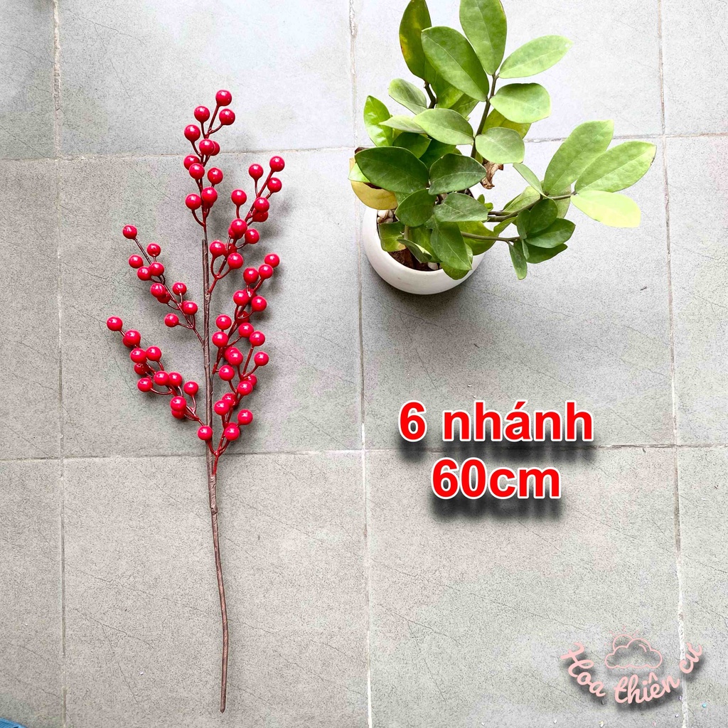 Cành đào đông đỏ 6 nhánh phụ kiện trang trí decor Tết, trang trí năm mới, lọ hoa để bàn