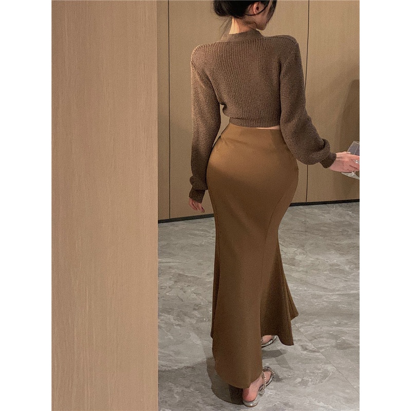 Set Áo Khoác Cardigan Dệt Kim Cổ Chữ V Dài Tay + Chân Váy Lưng Cao Thời Trang Nữ