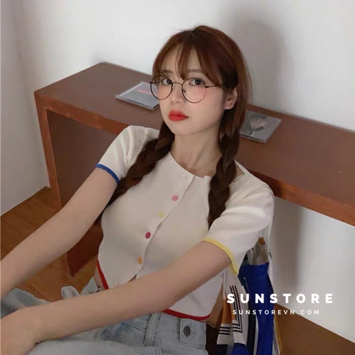 Áo croptop ôm len dệt kim tay ngắn viền màu sắc 2 màu Ulzzang