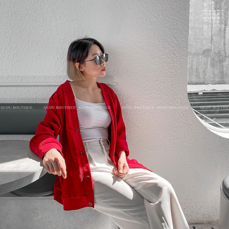 Áo Khoác Nữ Áo Cardigan QUDU Tay Dài Form Rộng Màu Đỏ Đô, Vàng Phong Cách Hàn Quốc Đơn Giản Dễ Phối
