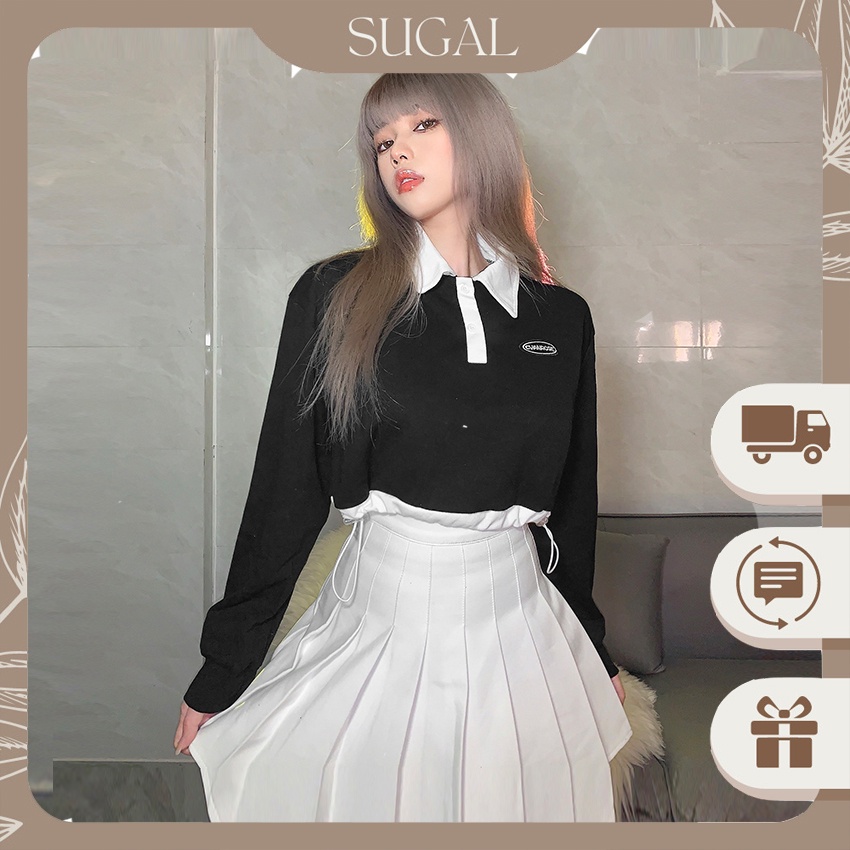 [MẪU MỚI] Áo Croptop Phối Màu Rút Dây Cổ Bẻ Thời Trang Sugal TOP NU 0023V3