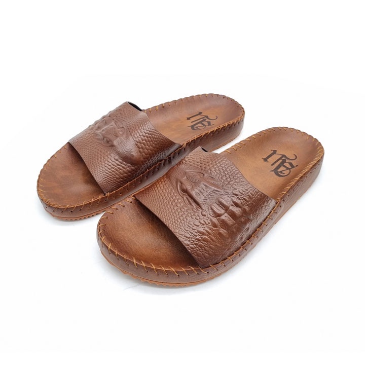 Dép nam quai ngang da bò thật 100% dập vân cá xấu màu nâu hàng đế khâu chắc chắn bao đi nước rửa chân bảo hành 2 năm