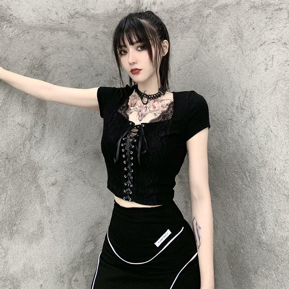 Áo Thun Đen Cổ Chữ V Gợi Cảm Phong Cách Goth
