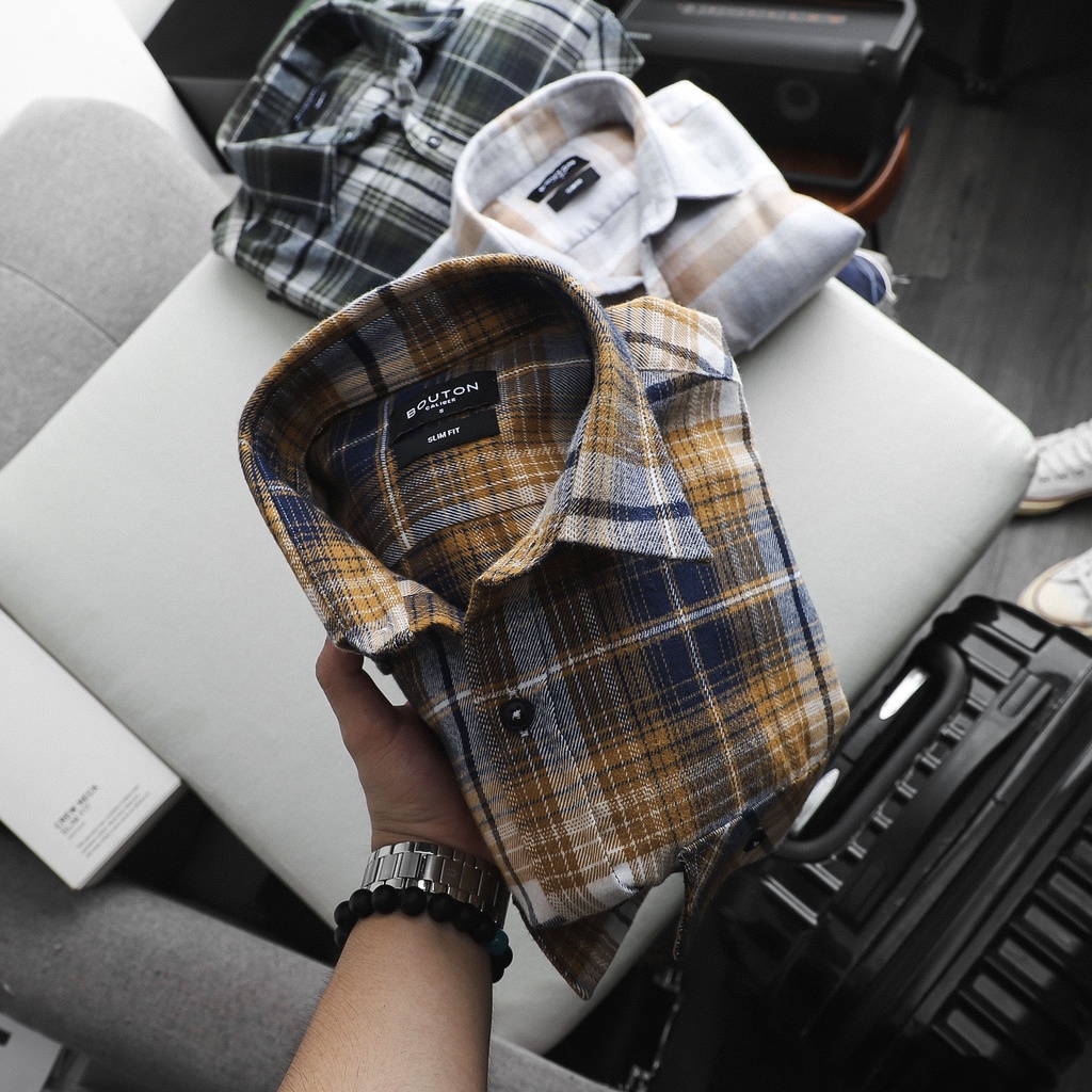 Áo Sơ Mi Nam Tay Dài Phối Sọc Caro, Vải Flannel Cotton, 02 Màu, Form Relaxed Fit SMBO0058 160STORE | BigBuy360 - bigbuy360.vn