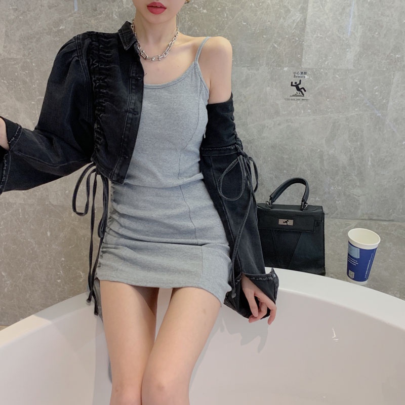 Áo khoác Denim dáng ngắn phối dây rút thời trang mùa thu cho nữ