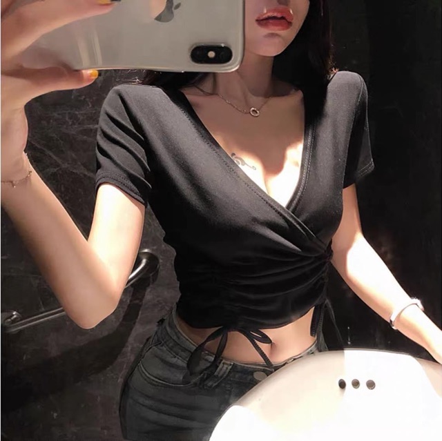 💃 Áo Croptop Nữ Cộc Tay Cổ V Dây Rút Eo 2 Màu