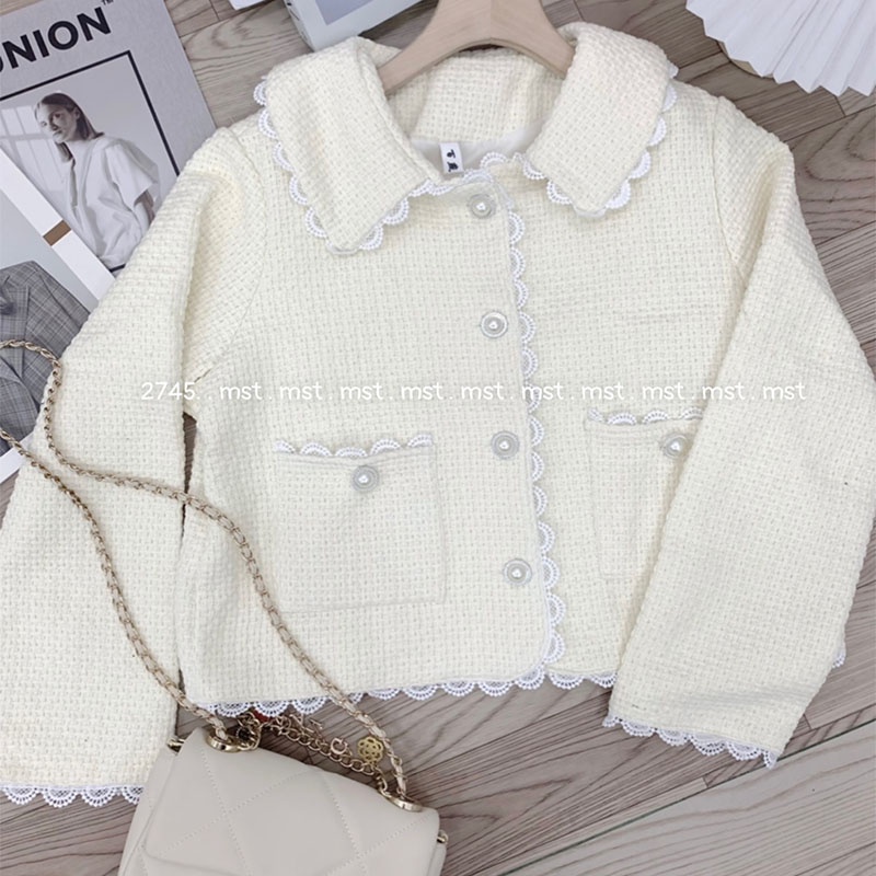 Áo Dạ Tweed Tiểu Thư Cổ Bèo Cúc Ngọc Dáng Ngắn M2754- Violet