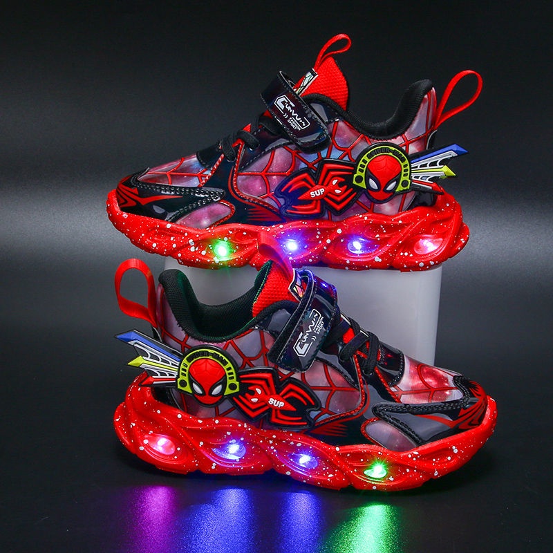 ♛Giày Thể Thao Da Phối Lưới Hình Người Nhện Có Đèn 2022 Cho Bé