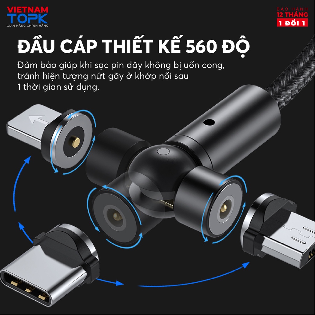 Dây sạc nam châm AM68 Sạc nhanh 3A Dây dù 1m - Hàng bảo hành 12 tháng