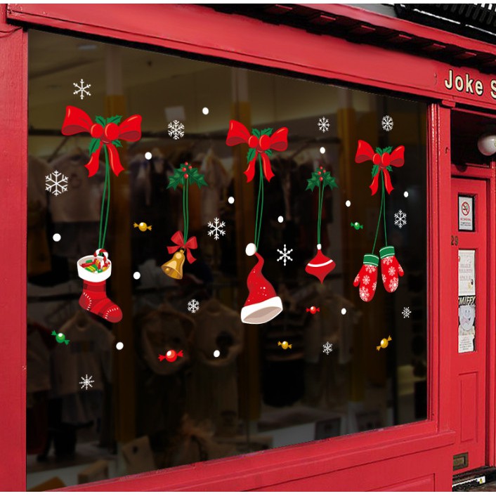 Decal trang trí noel rèm nơ vớ và khăn tay đỏ
