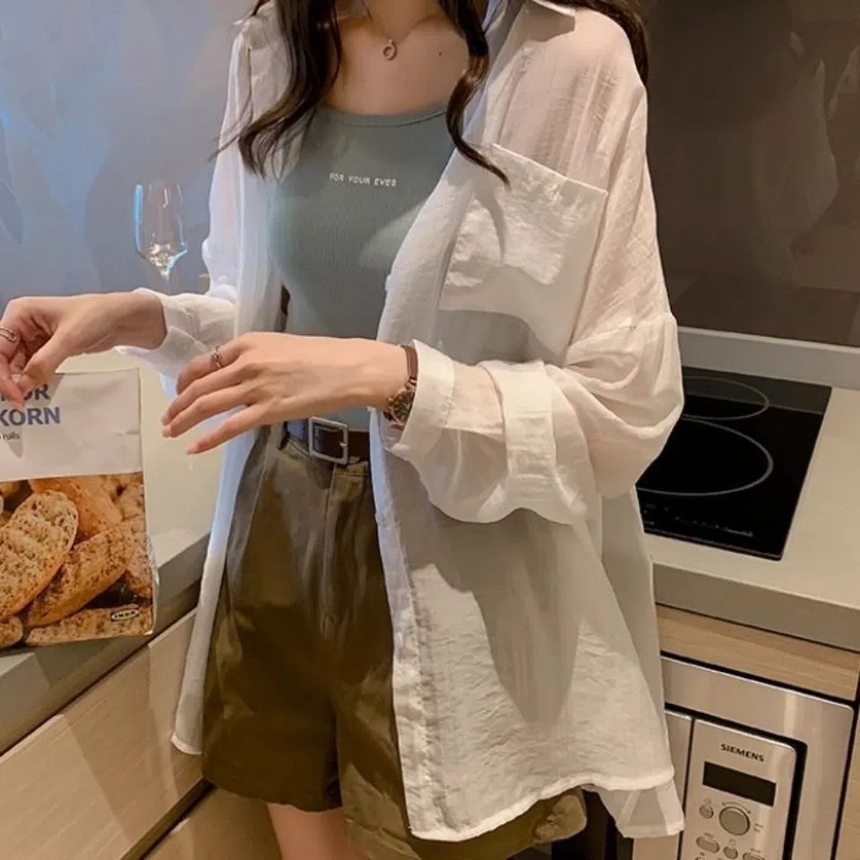 Áo Sơ Mi Chống Nắng Dáng Rộng Dài Vừa Phải Thiết Kế Thời Trang Cho Nữ