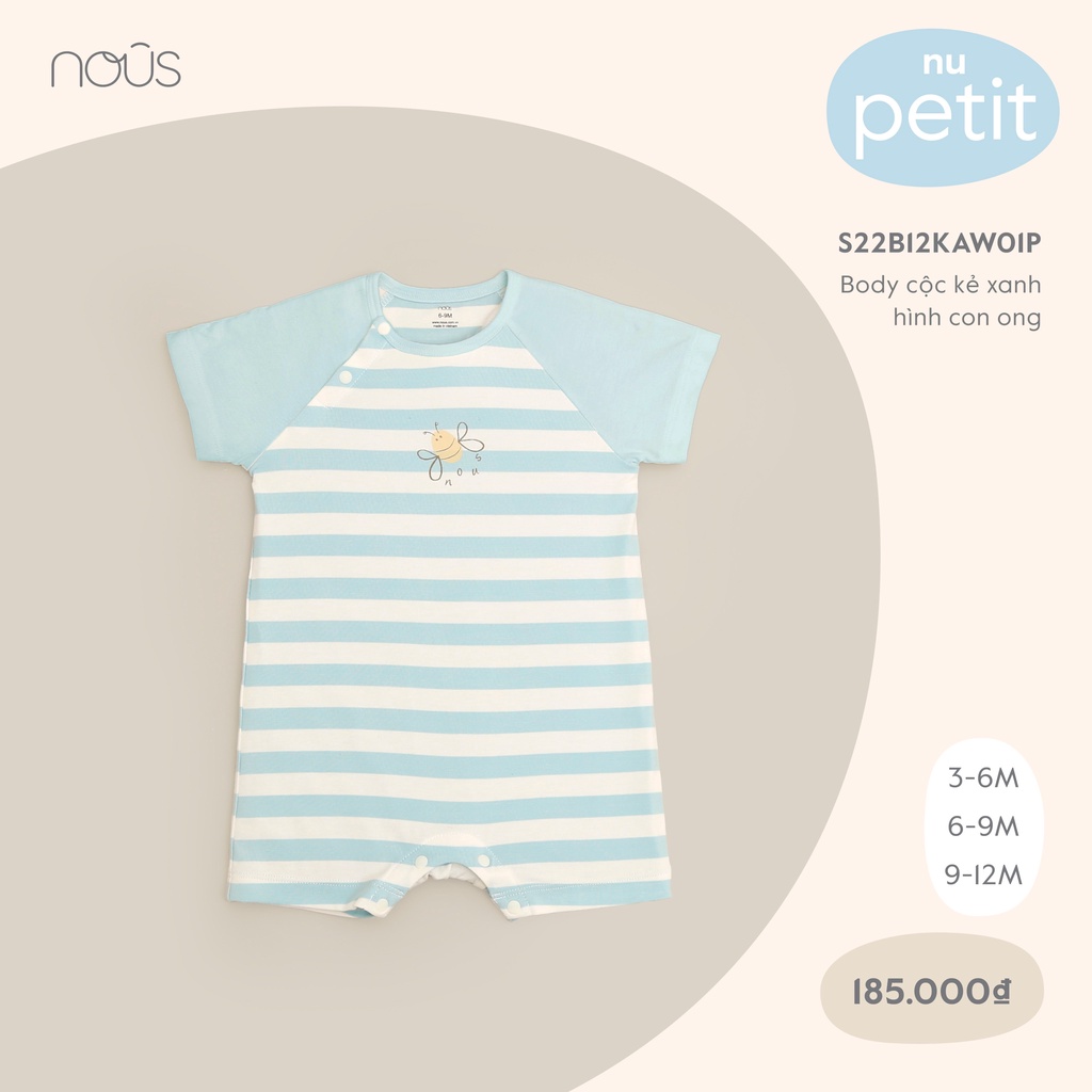Bộ Quần Áo Body Cộc Kẻ Xa Hình Xanh Con Ong Nous-Cho Bé Trai Bé Gái-Chất Liệu Nu Petit Mềm (từ 3-6 tháng đến 9-12 tháng)
