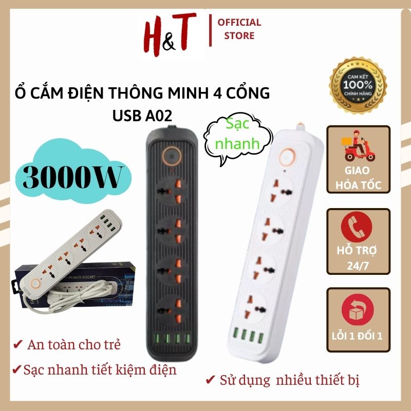 Ổ cắm điện cao cấp chịu nhiệt lớn đa năng thông minh công suất lớn A02 chống giật, dây dài 2M