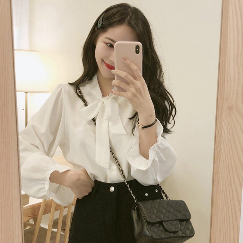 Áo kiểu nữ Thiết kế cột nơ Dài tay Bánh bèo Retro Form rộng Áo kiểu Tay dài Ulzzang Hàn Quốc Thời trang