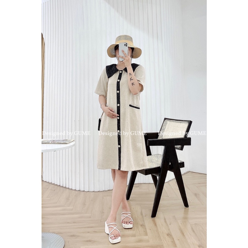 Váy bầu bigsize - Đầm bầu thiết kế GuMe DẠ TĂM CAO CẤP 2 MÀU BE-ĐEN cúc bọc sang chảnh GM047