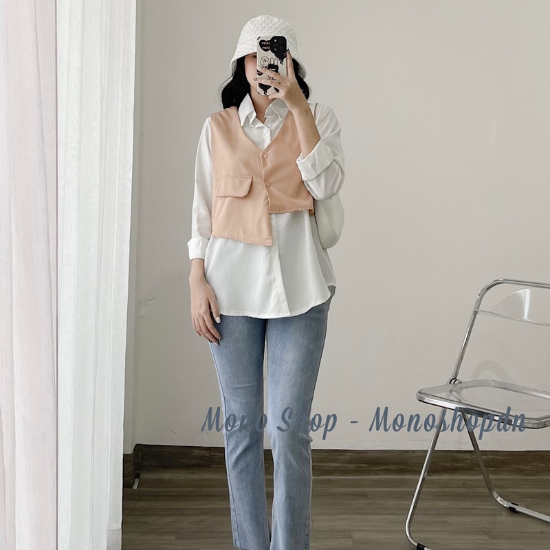 Set áo ghile cài nút kèm áo sơ mi trắng dài tay chất mịn, set áo sơ mi kèm ghile Ảnh thật sẵn