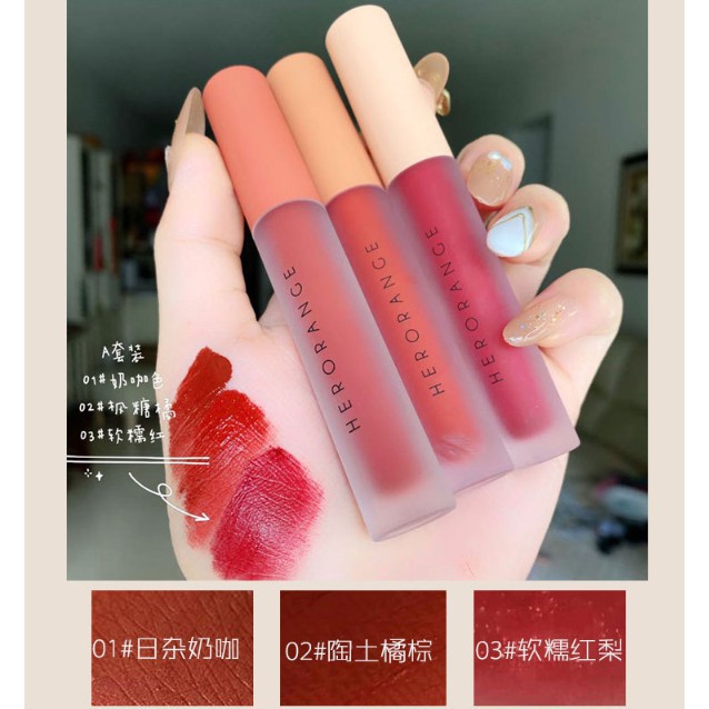 Son Nội Địa Trung 🧡 FREESHIP🧡 Set 3 Cây Son Kem Lì Herorange Fluffy Lip Glaze