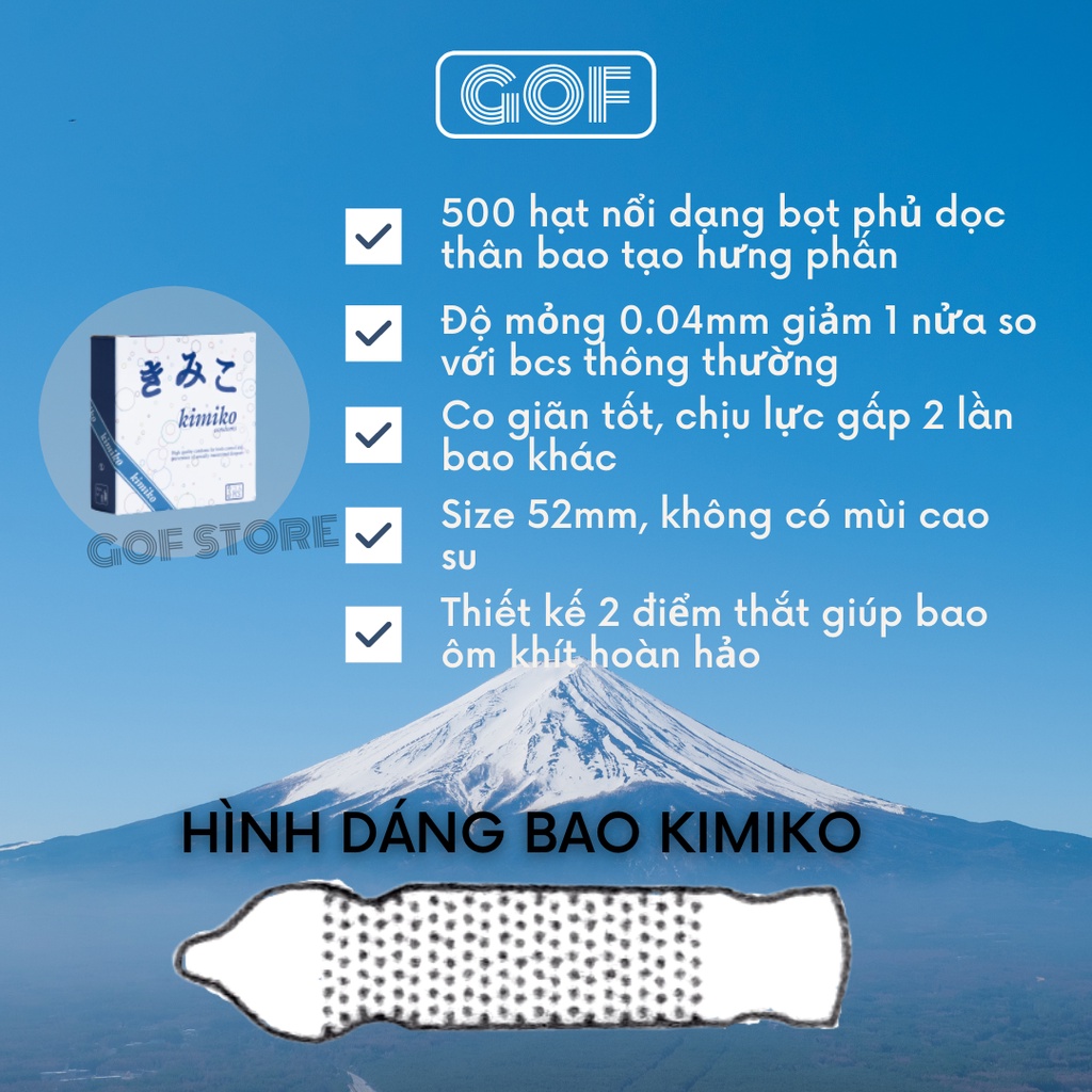 Bao cao su mỏng Kimiko gai li ti Nhật Bản Hộp 3 cái bcs gai - Chính Hãng - GoF Store