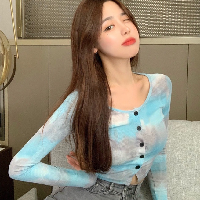 Áo Thun Dệt Kim Tay Dài Nhuộm Màu Dáng Ôm Thời Trang Cho Nữ