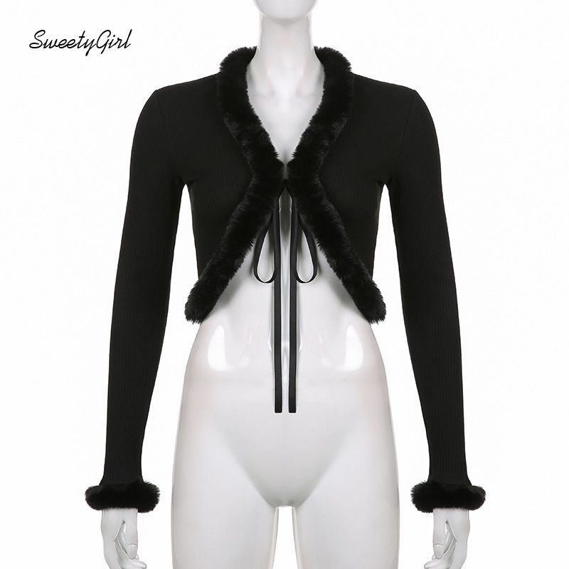 Áo croptop tay dài cổ chữ V màu trơn viền lông thời trang cho nữ