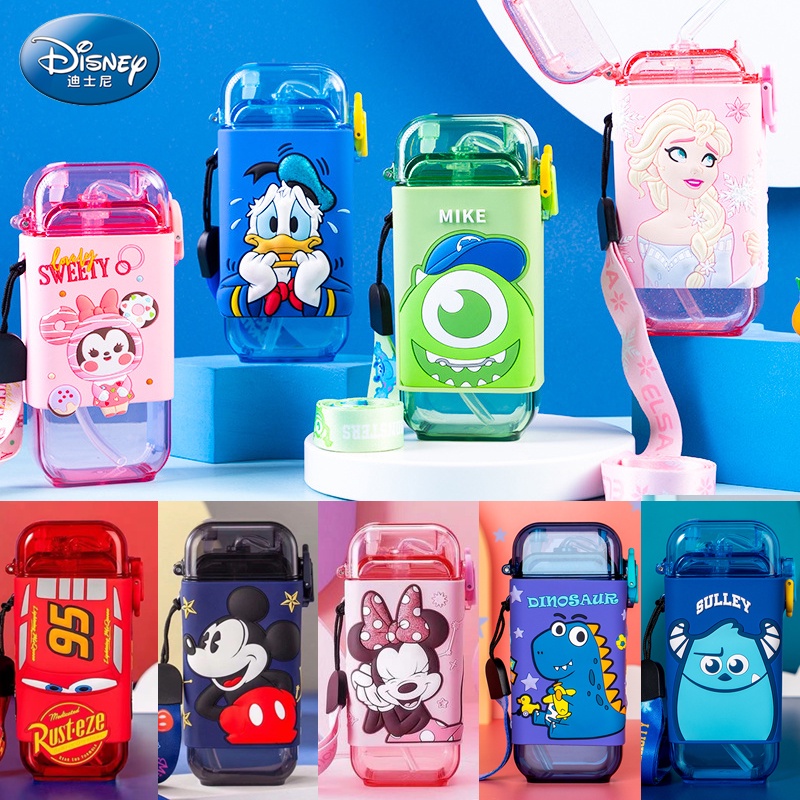 Bình uống nước DISNEY chính hãng có dây đeo dung tích 280ML in hình Elsa/Olaf/Mickey/Tsum/Hồng Hạc/Hươu/Ngựa Vằn