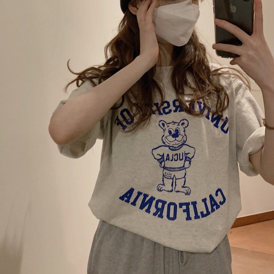Áo thun 43002 tay ngắn in hình gấu dễ thương phong cách Hàn Quốc dành cho nữ