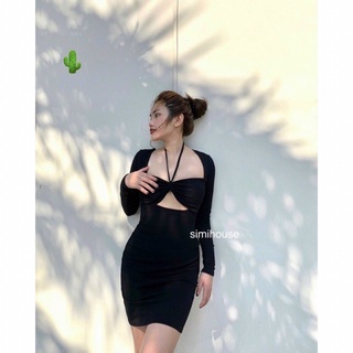 Đầm váy nữ đầm body thun gân tay dài dây buộc cổ nn