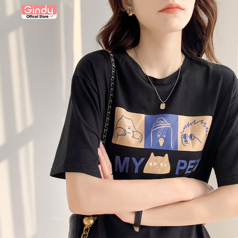 Áo thun nữ tay lỡ form rộng cổ tròn GINDY unisex basic in hình MY PET chất liệu co giãn, thoáng mát A8101