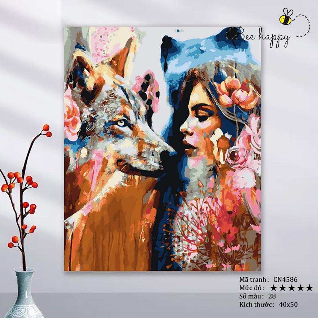 Tranh tô màu theo số Cô gái và chó sói BEE HAPPY cao cấp màu 5ml, 2 bộ cọ có sẵn mã CN4586
