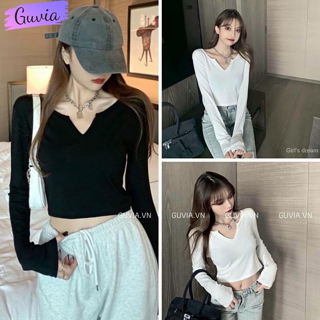 Áo Croptop Tay Dài Nữ Cổ Chữ V Ôm Body Chất Tốt, Áo thun kiểu nữ dài tay crt mặc đẹp GUVIA