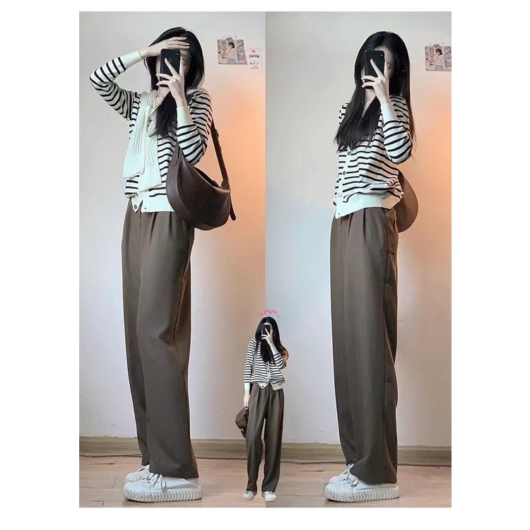 Bộ Áo Cardigan Dệt Kim Dáng Rộng Phối Quần Ống Rộng Kiểu Hàn Quốc Thời Trang Xuân Thu Cho Nữ