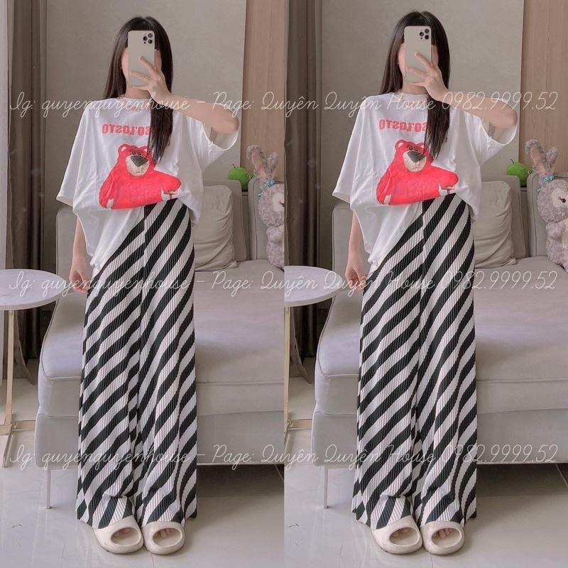 Set áo cotton gấu lotso hồng quần sọc trắng đen