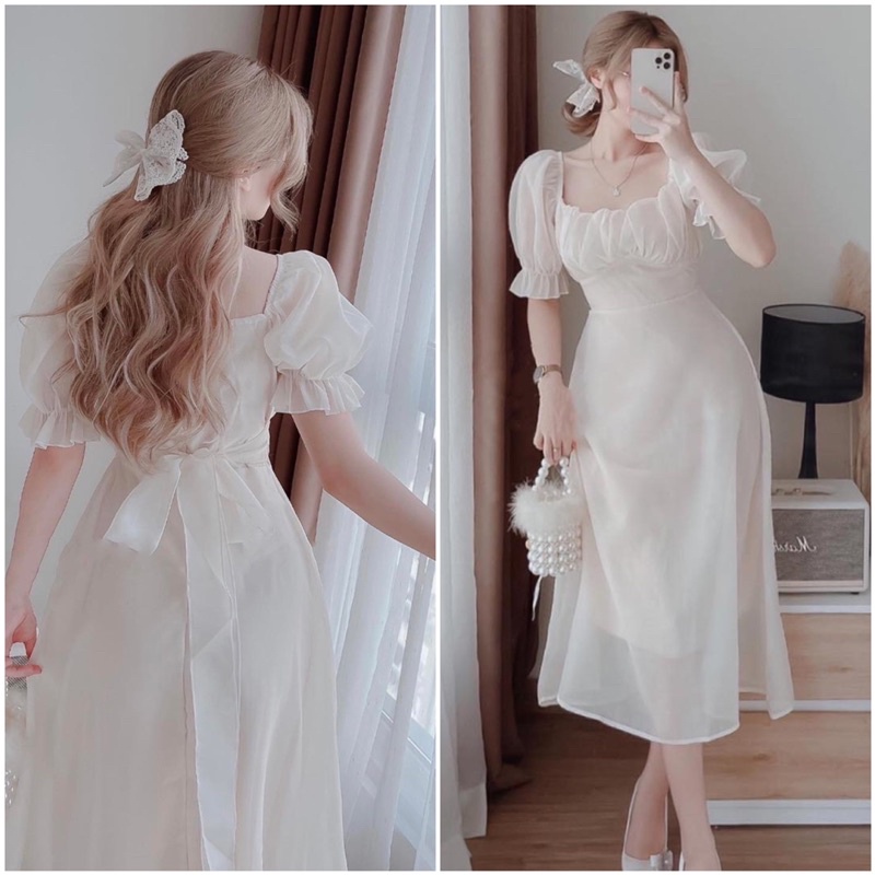 Váy xoè dự tiệc thắt nơ eo cổ vuông tôn eo, đầm tiệc cưới kỉ yếu dáng tiểu thư công chúa
