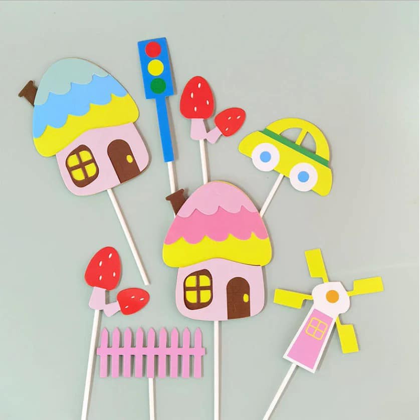 Set 5 Thẻ Hình Ngôi Nhà Nấm Hoạt Hình Bằng Giấy Trang Trí Bánh Kem
