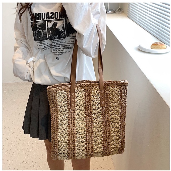 Túi cói Tote vuông Vintage dây da - sọc dọc pha màu (mẫu mới)