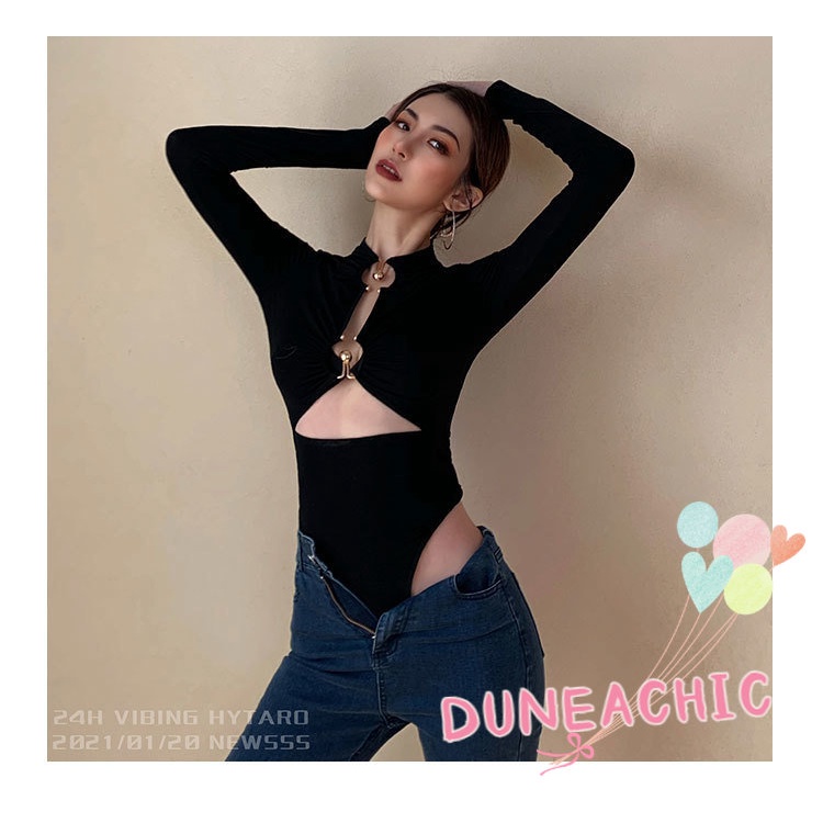 DUNEA Áo liền quần dài tay eo cao phối nút kim loại dành cho nữ