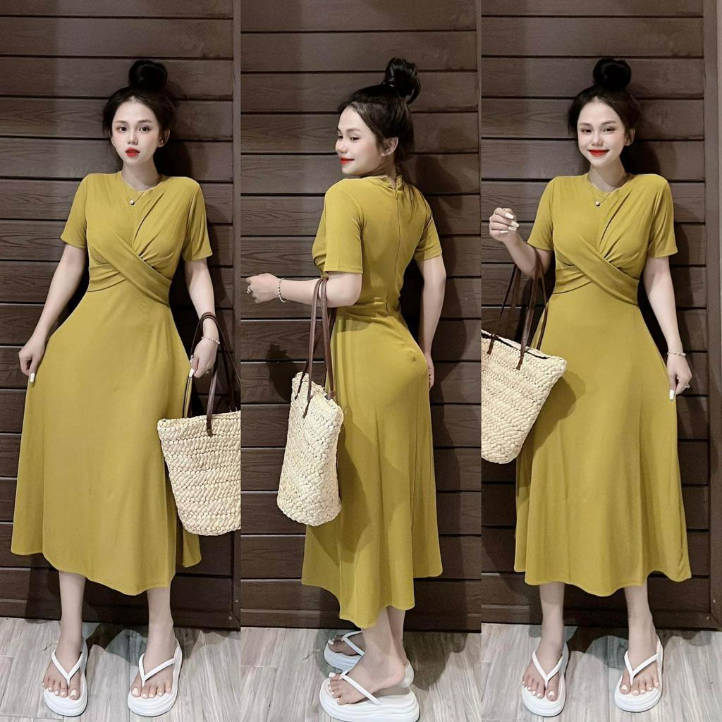 Đầm body dài form xoè chữ A ngắn tay chéo ngực có dây kéo dài sau lưng vải thun gân, đầm suông, váy ôm body, váy chữ a