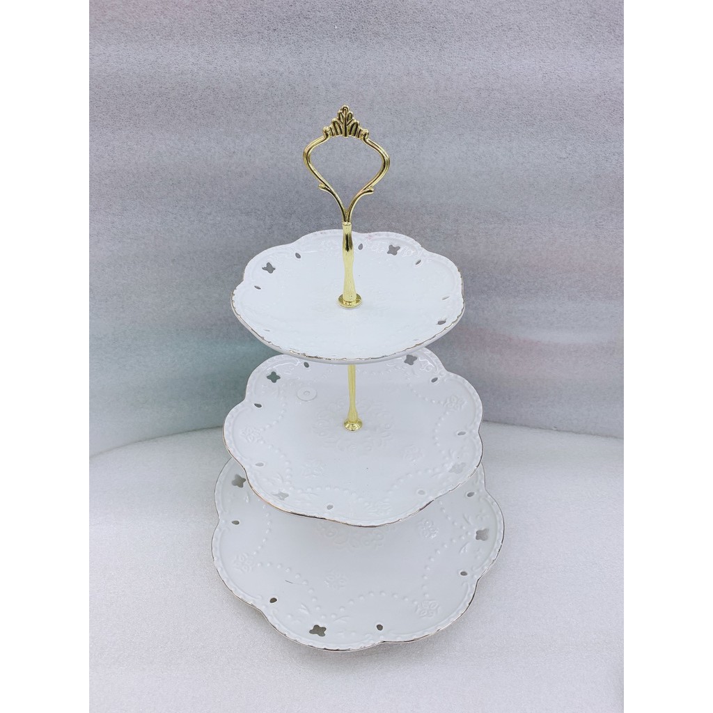 [Giá sỉ đồ decor Khay kệ đựng bánh kẹo hoa quả mứt Tết bằng sứ 3 tầng cao cấp sanh chảnh trắng hoa văn đẹp vuông tròn