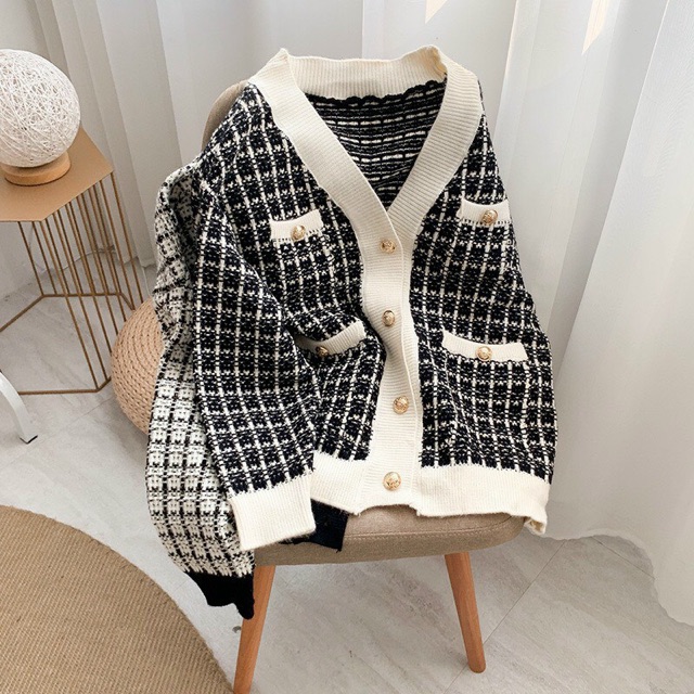 A856 Áo Khoác Cardigan Kẻ Karo Chạy Viền Trơn , Áo Len Thụng Phối Cúc Đồng