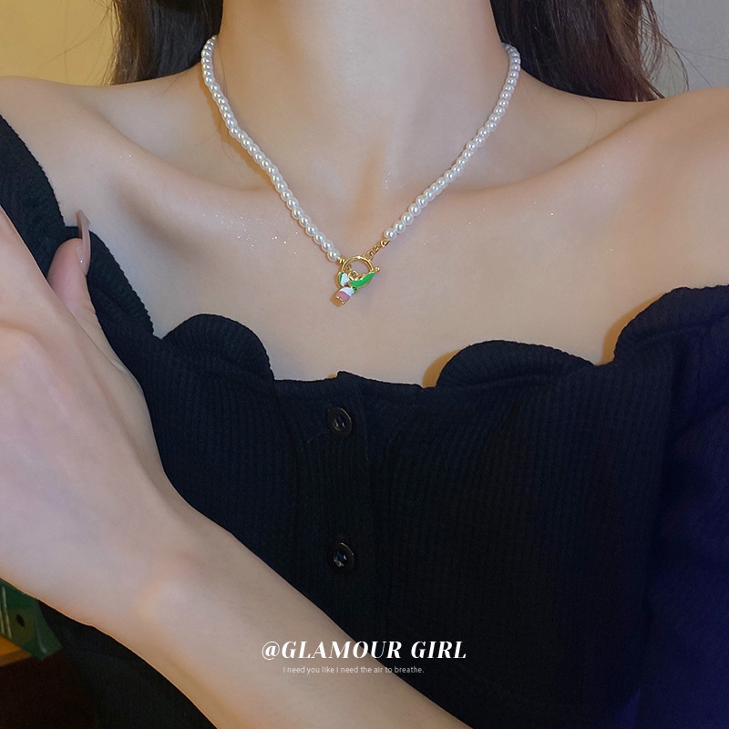 Vòng Cổ Choker Mặt Hoa Tulip Ngọc Trai Thanh Lịch Thời Trang Cho Nữ