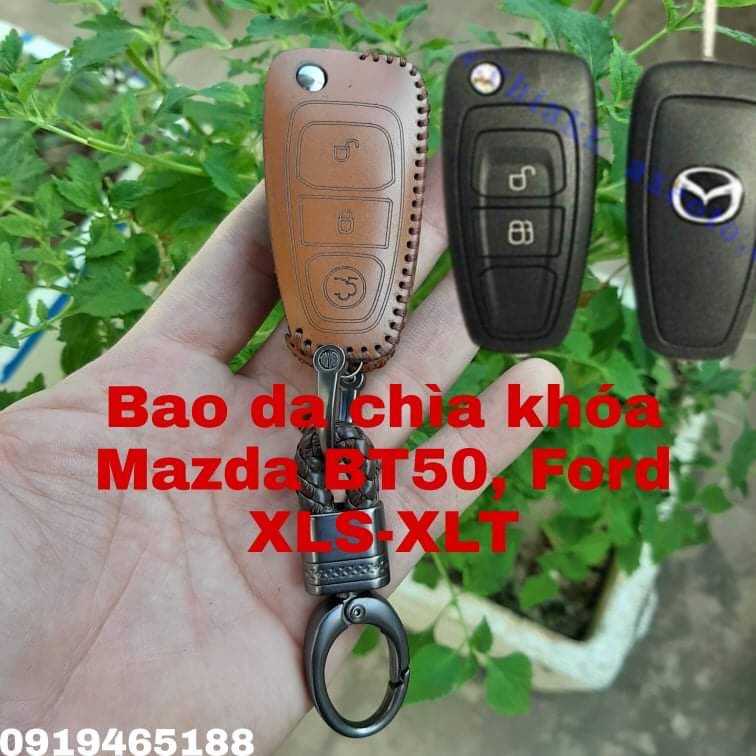 Bao da chìa khoá ôtô Ford Ranger XLS, XLT 2014-2017, Ecosport, Mazda BT50 chìa gấp nhỏ_Da bò thật - Khắc tên SĐT